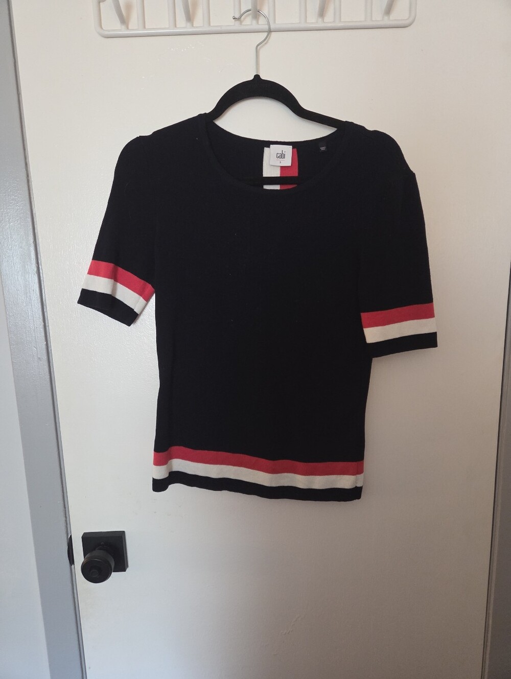 CAbi Hampton Shell Navy Blue Coral White Stripe Knit Sweater Top Size S | Preppy